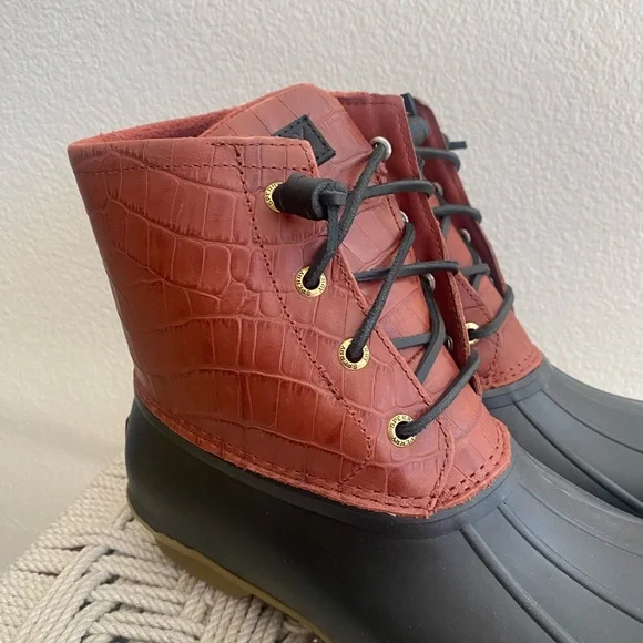 Sperry waterproof saltwater croc emboss red boots duck shoes water snow womans - Picture 3 of 14